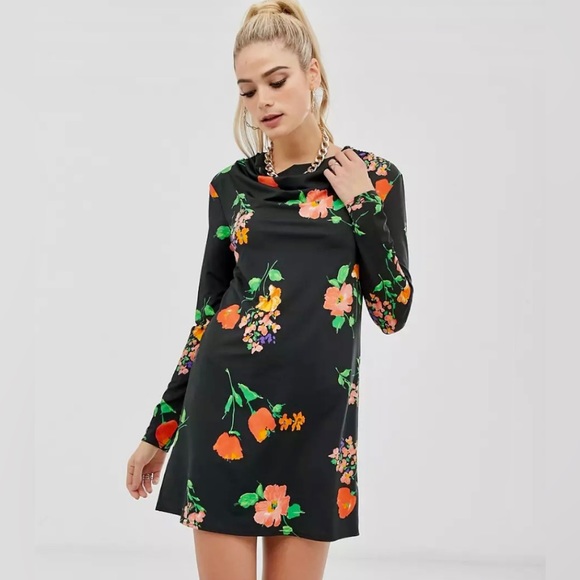 🌟ASOS DESIGN Long Sleeve Cowl Shift Mini Dress in Pansy Print🌟 - Picture 1 of 12
